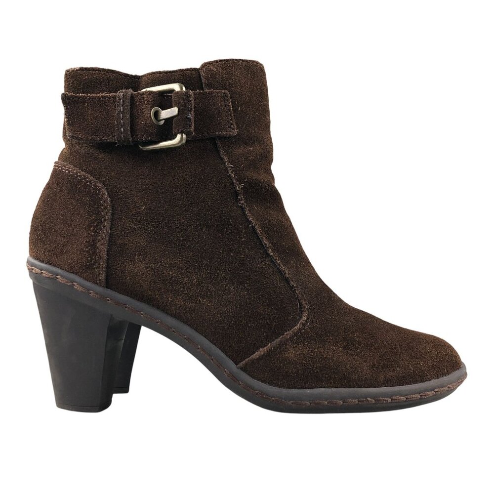 Strictly Comfort Women's Size 8M Brown Suede Side Zip High Heel Ankle Booties